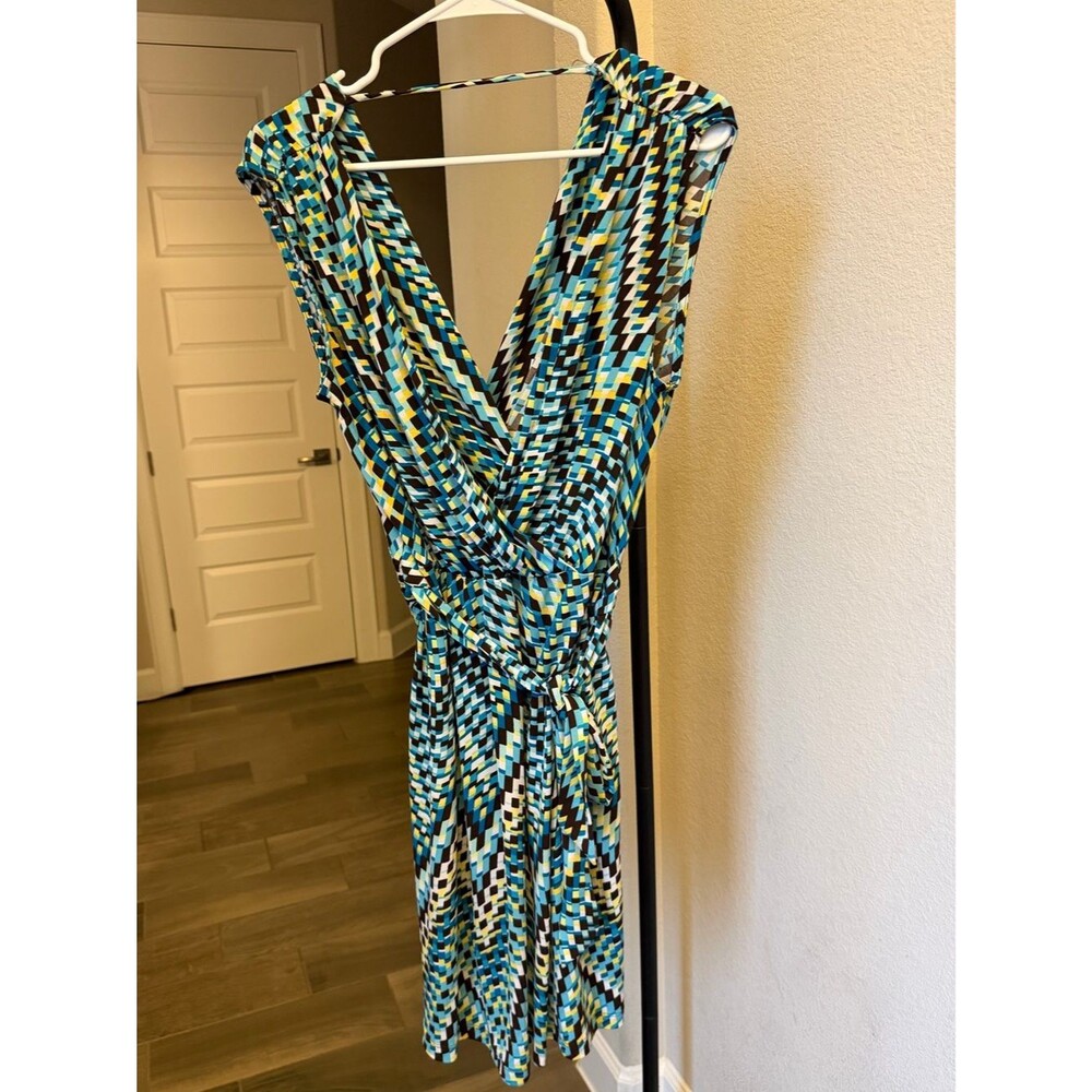 Cato Blue and Yellow Geometric Wrap Knee-Length Dress M
